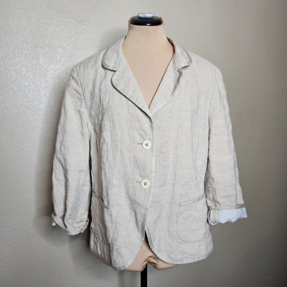 René Lezard Jackets & Blazers - Rene Lezard Tan 100% Linen Quilted Blazer‎ Jacket Made in Germany Size 44